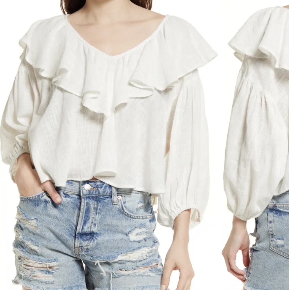 Free People Zuri Gauze Ruffled Crop Blouse in Ivory Size XS